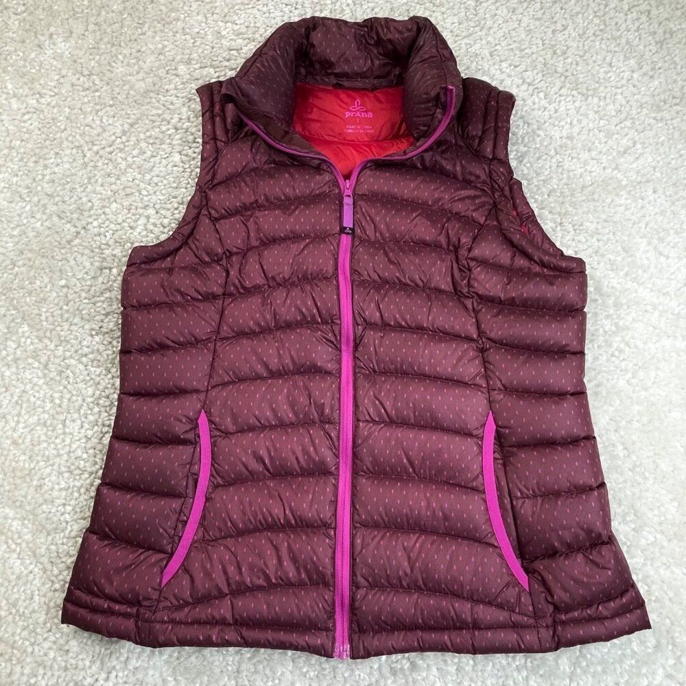 Prana Lyra Down Zip Up Puffer Vest Raisin A Lot Of Dots Burgundy